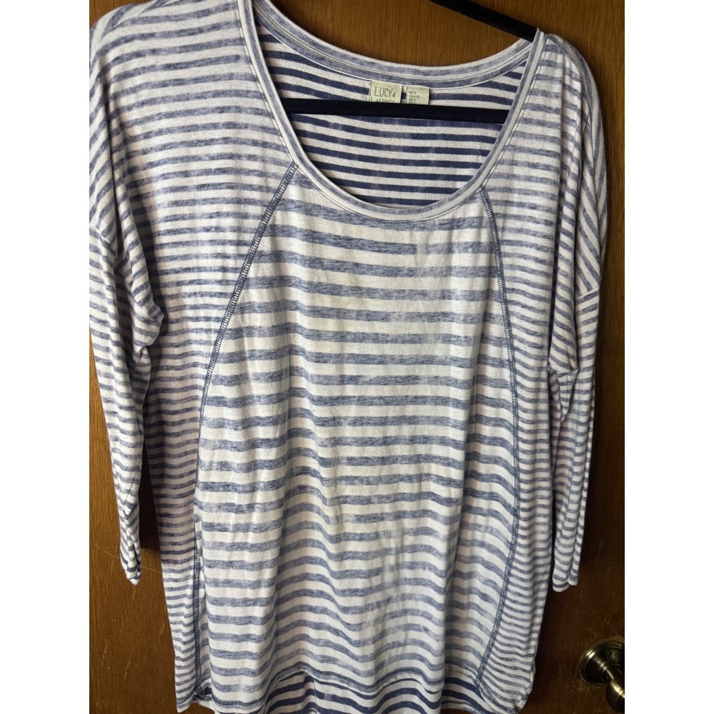 Lucy & Laurel Womens Large Blue White Striped Raglan Long Sleeve Scoop Neck Top